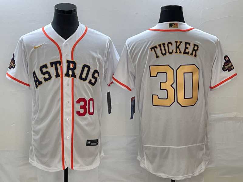 Mens Houston Astros #30 Kyle Tucker Number 2023 White Gold World Serise Champions Patch Flex Base Stitched MLB Jersey